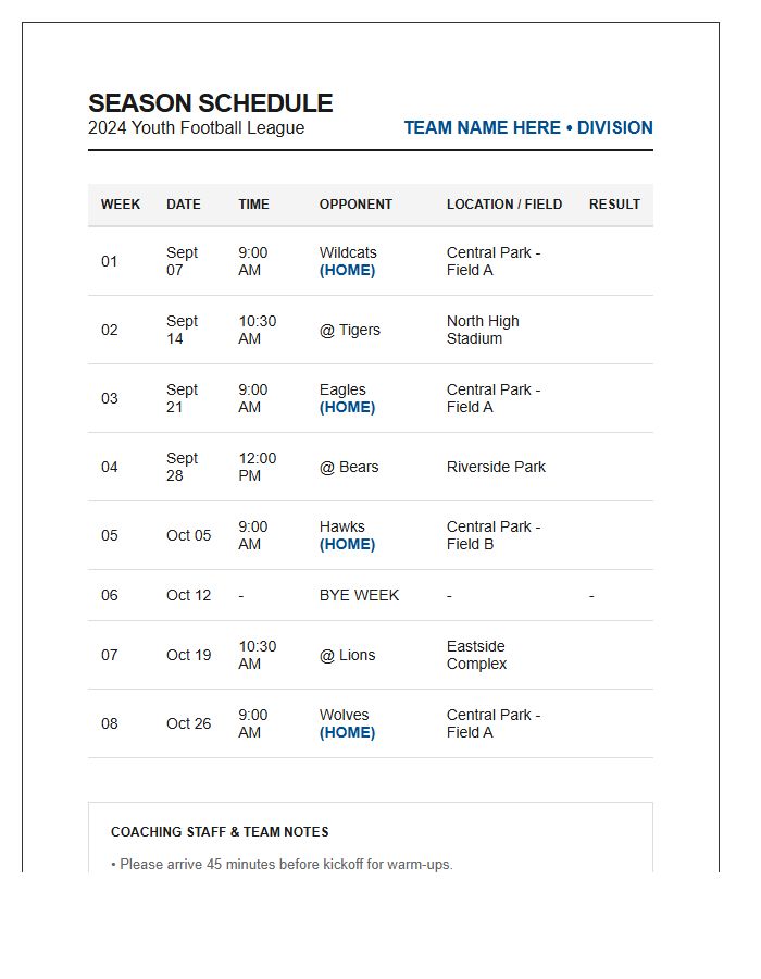Printable Youth Football Season Schedule Chart