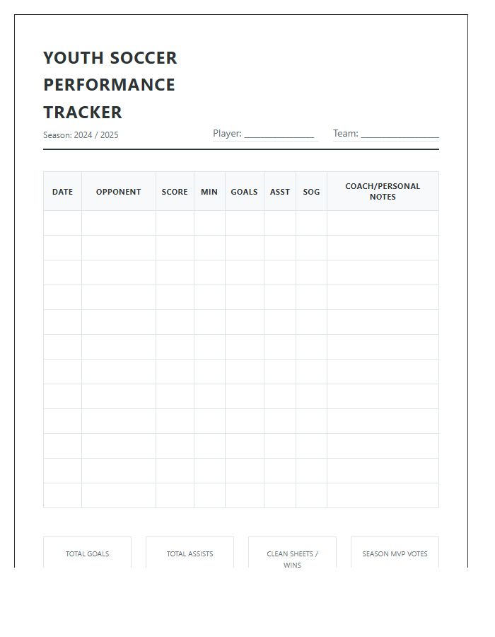 Printable Youth Soccer Season Performance Tracking Chart