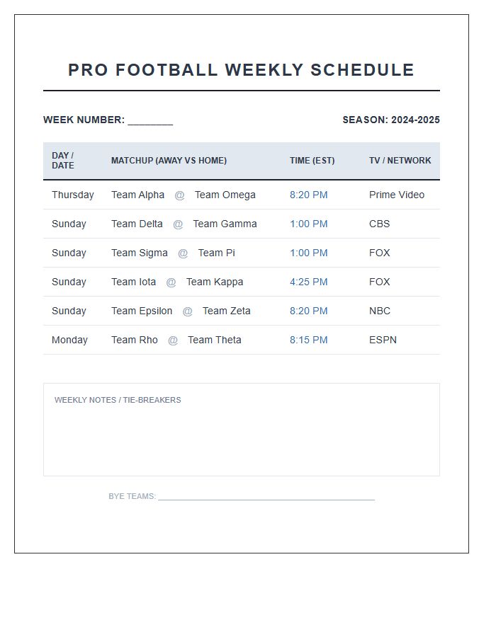 Pro Football Season Weekly Matchup Calendar Printable Chart