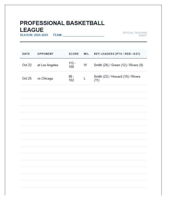 Professional Basketball League Season Tracking Printable Chart