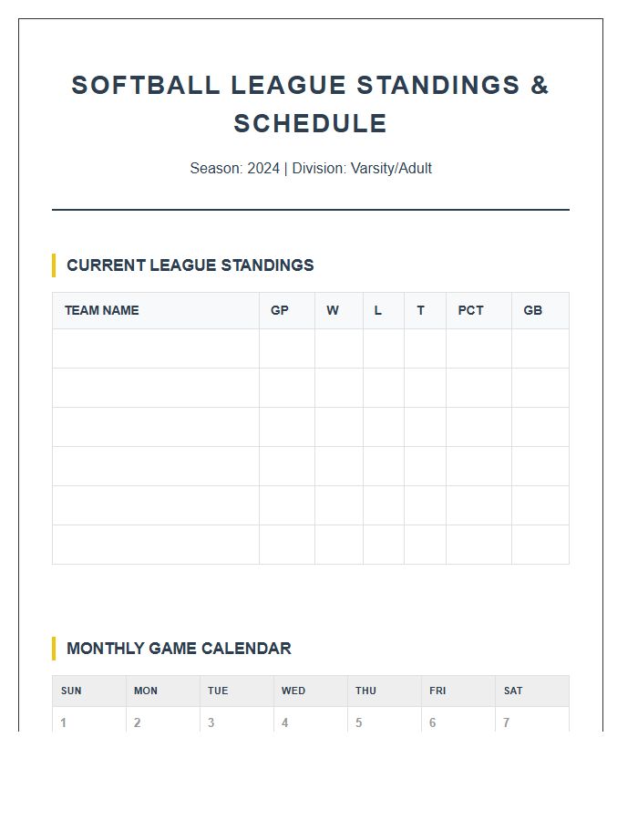 Softball Season League Standings And Calendar Printable Chart