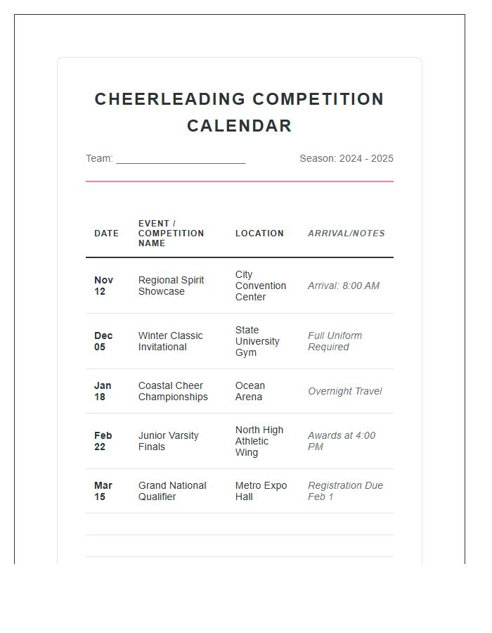 Youth Cheerleading Season Competition Calendar Printable Chart
