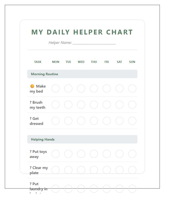 Daily Task Toddler Chore Chart Printable Format