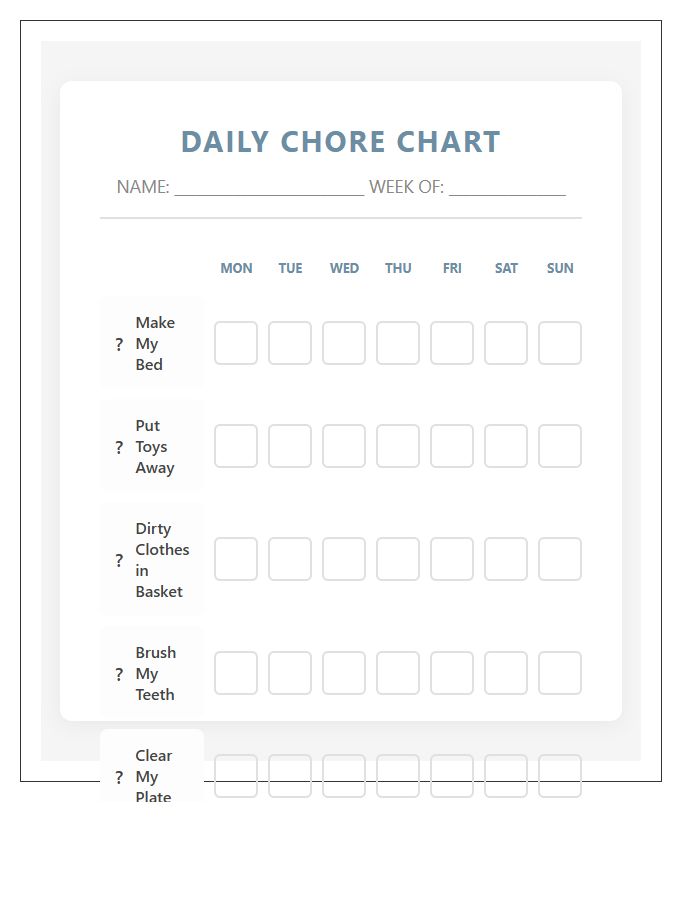 Daily Toddler Chore Chart Printable