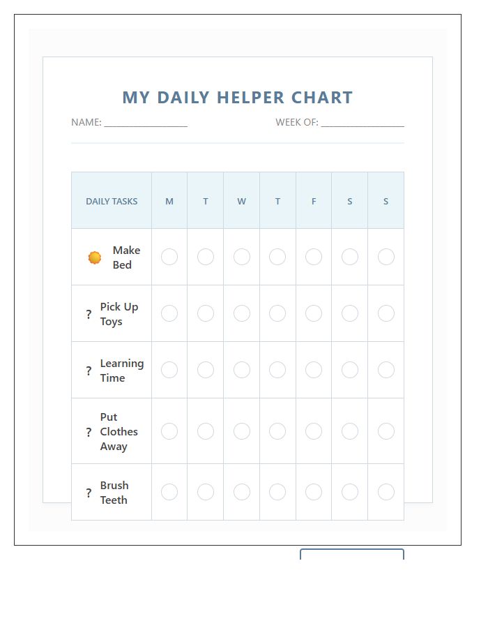 Home School Toddler Chore Chart Printable Resource