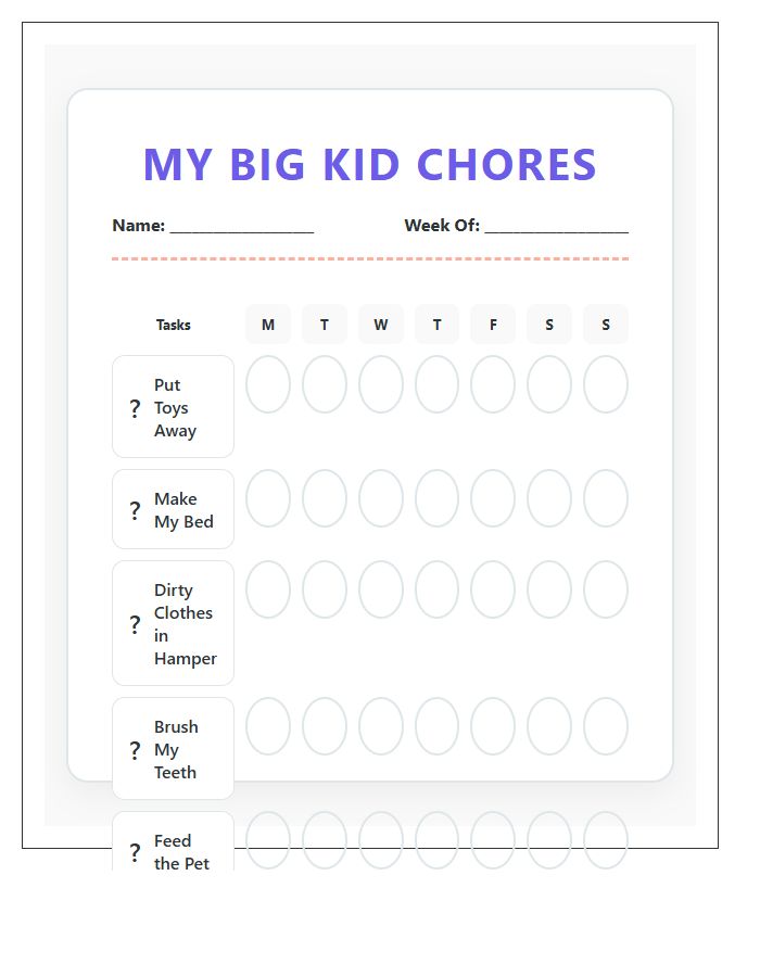 Preschooler And Toddler Chore Chart Printable Pages