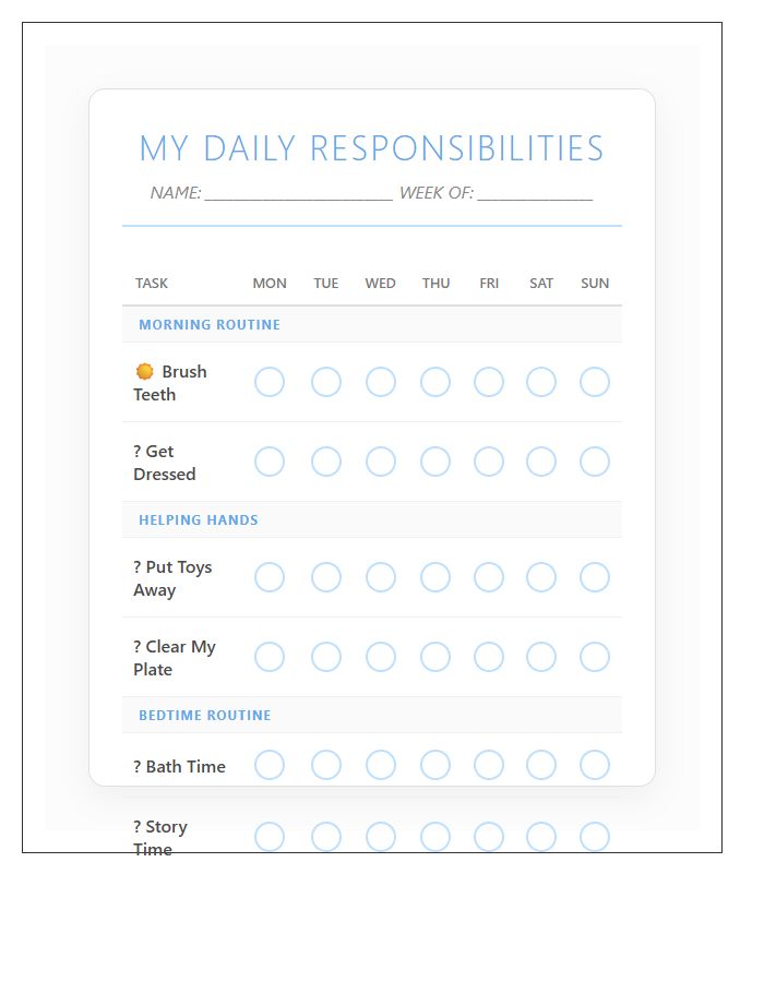 Toddler Responsibility Chart Printable Template