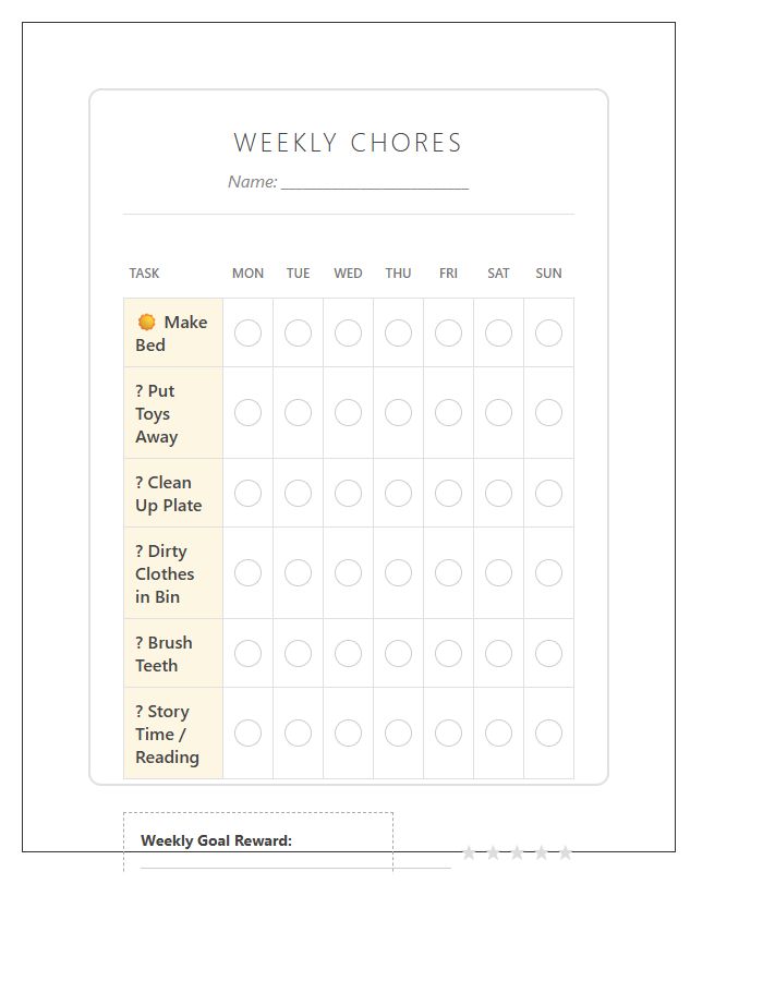 Weekly Toddler Chore Chart Printable Design