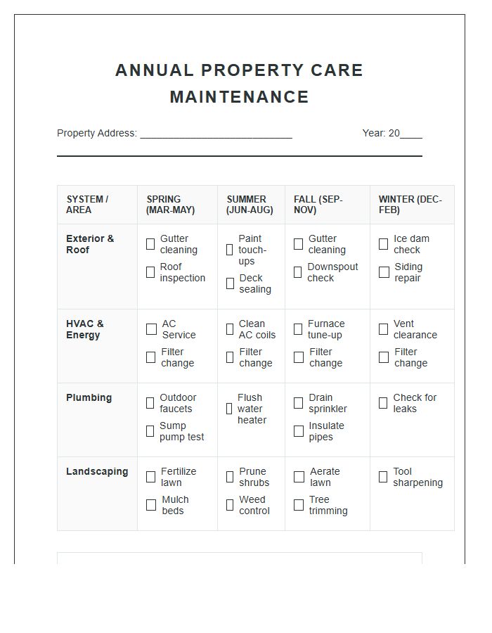 Annual Property Care Maintenance Printable Chart