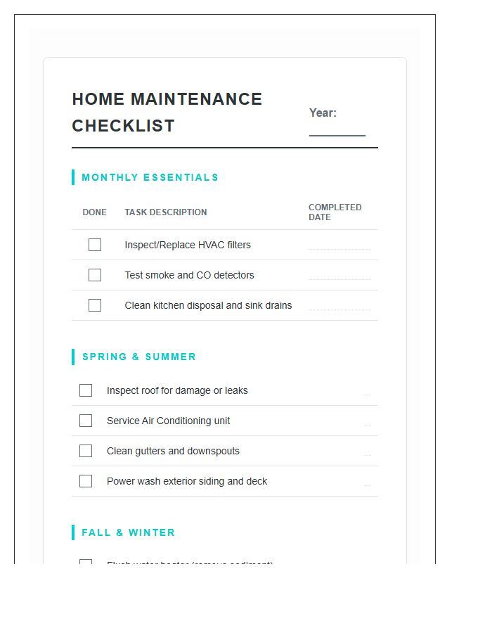 Complete Home Maintenance System Printable Chart