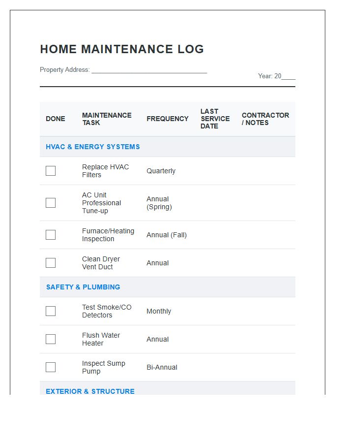 Comprehensive Home Ownership Maintenance Printable Chart