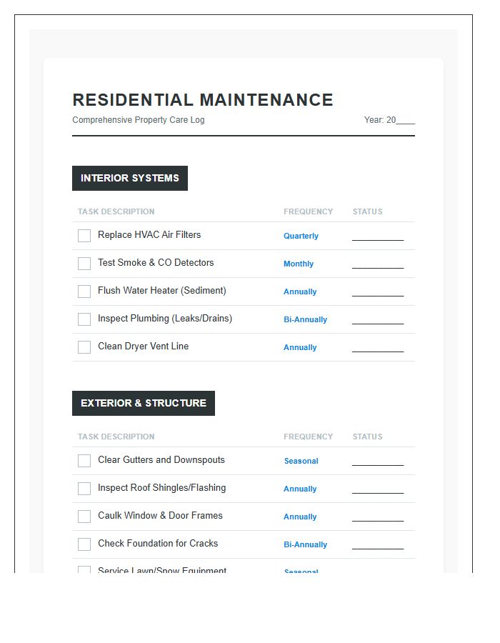 Detailed Residential Maintenance Chore Chart Printable
