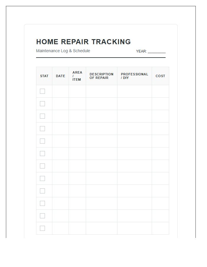 Essential Home Repair Tracking Printable Chart