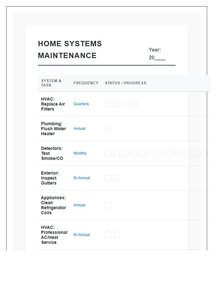 Home Systems Maintenance Schedule Printable Chart