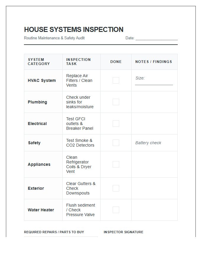 House Systems Inspection Chore Chart Printable