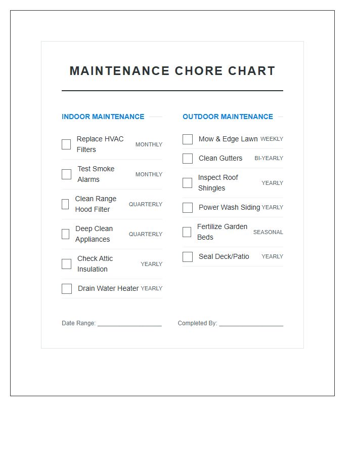 Indoor And Outdoor Maintenance Chore Chart Printable