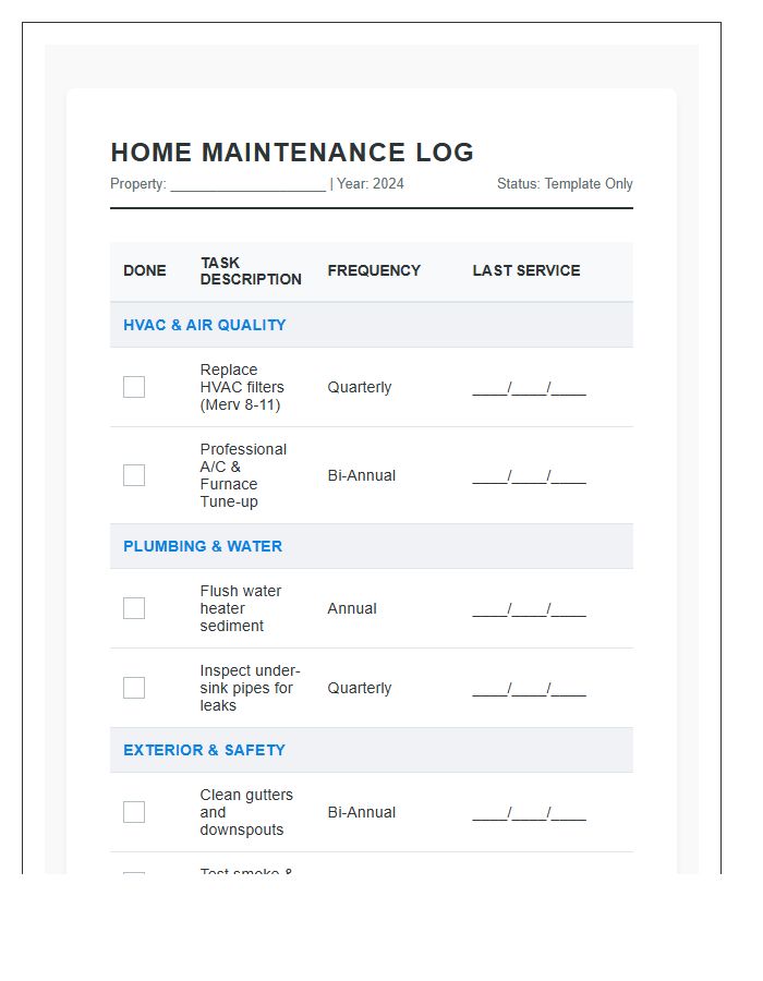 Managed Home Maintenance Task Printable Chart