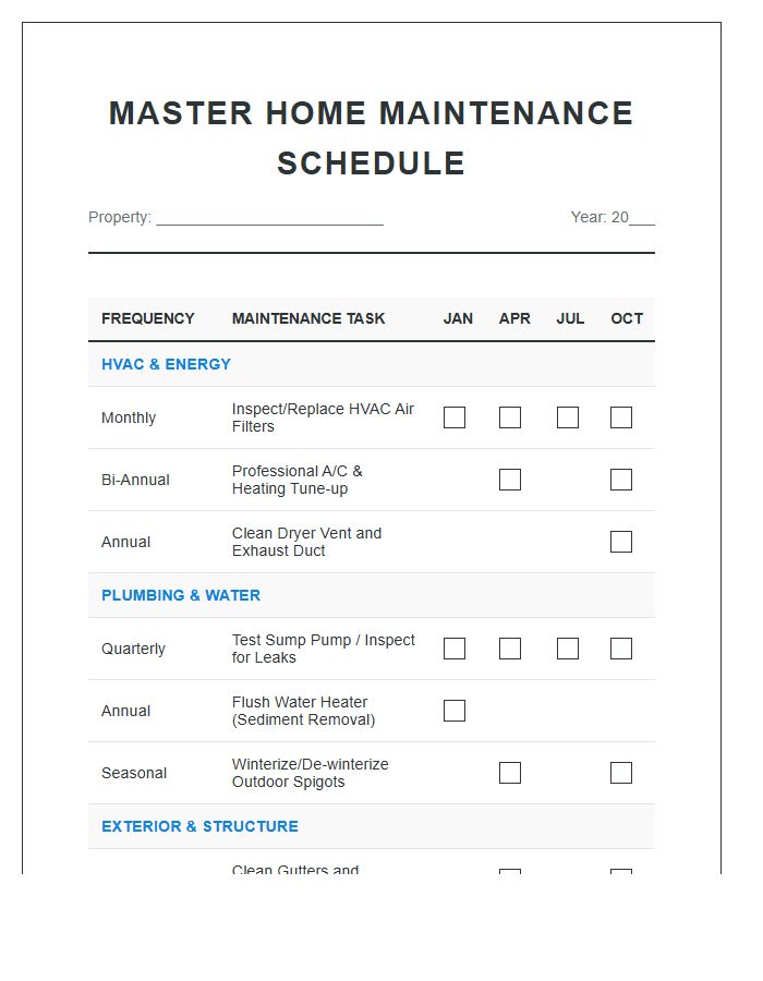 Master Home Maintenance Schedule Printable Chart