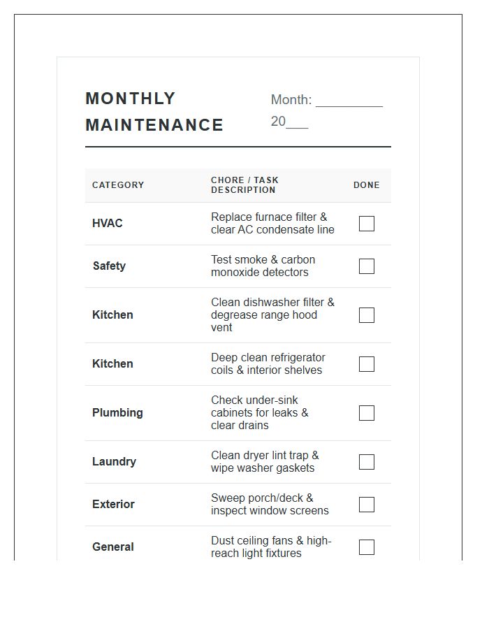 Monthly Household Maintenance Chore Chart Printable