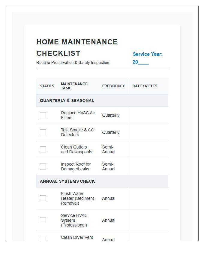 Professional Home Maintenance List Printable Chart