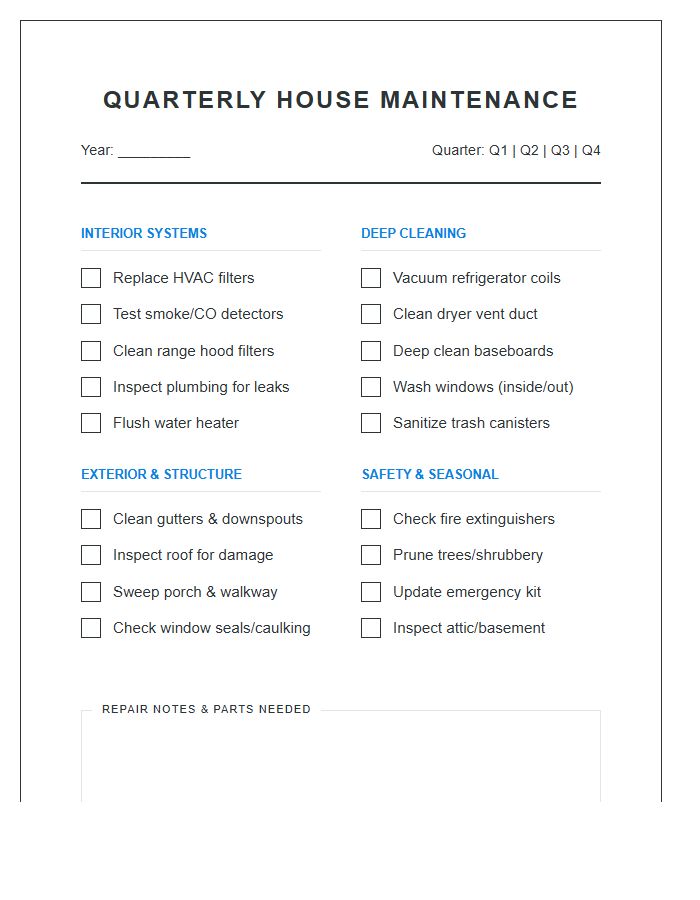 Quarterly House Maintenance Chore Chart Printable