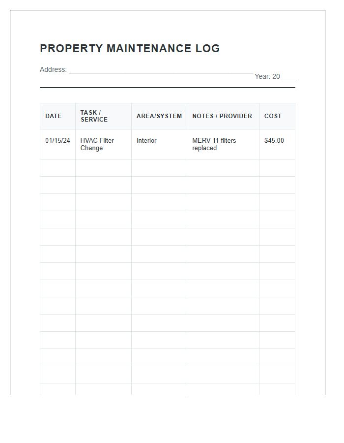 Routine Property Maintenance Log Printable Chart