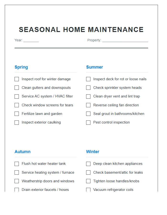 Seasonal Home Maintenance Checklist Printable Chart