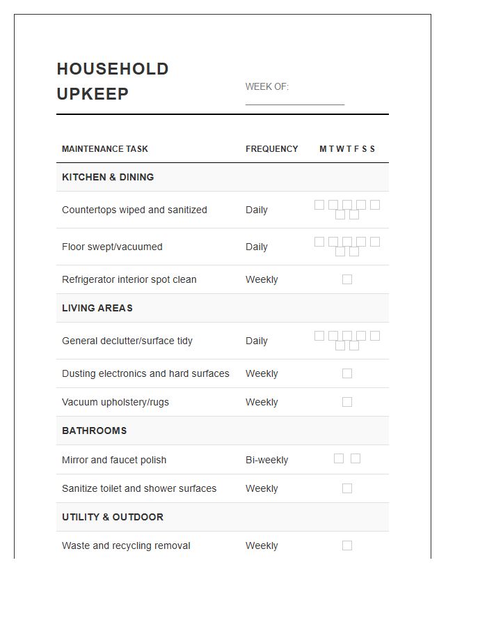 Standard Household Upkeep Task Printable Chart