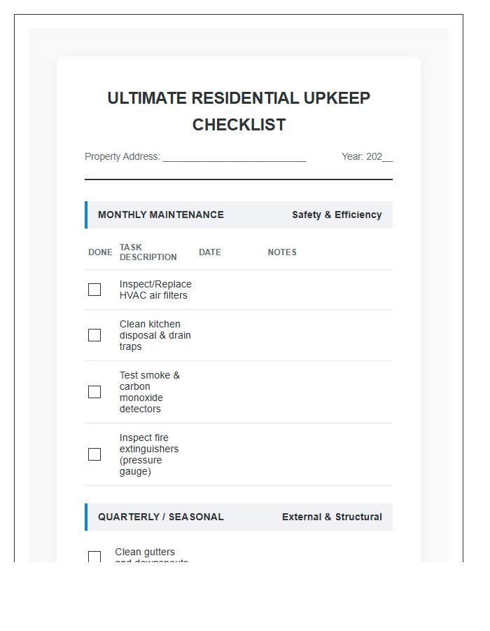 Ultimate Residential Upkeep Checklist Printable Chart