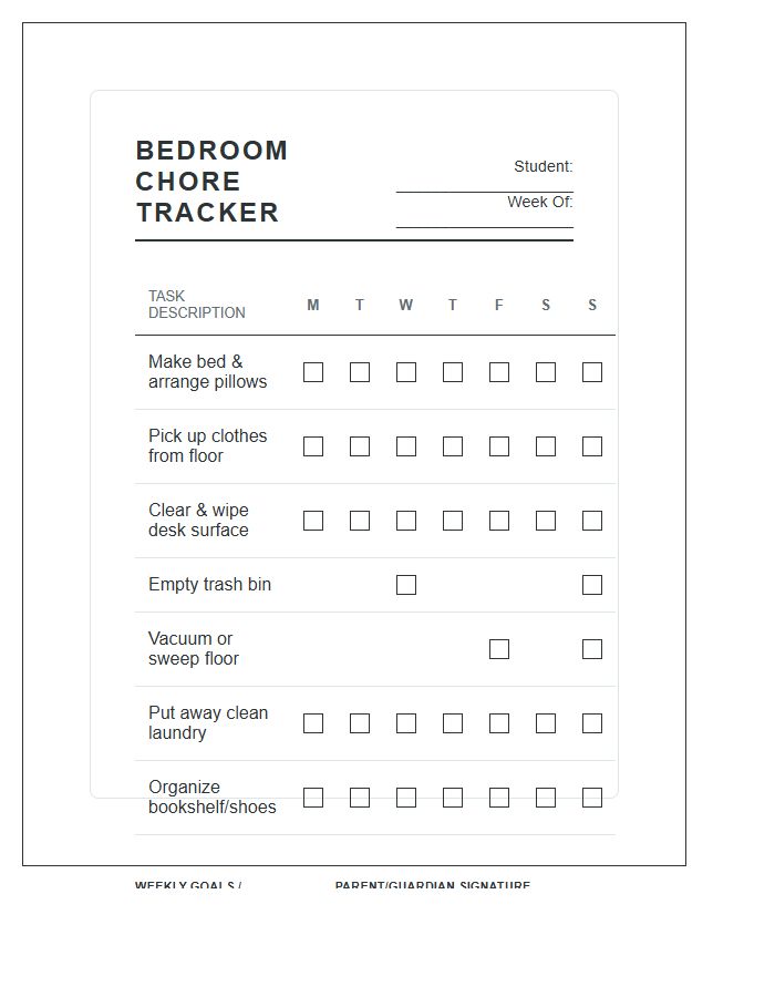 Bedroom Chore Tracking Chart Printable For Students