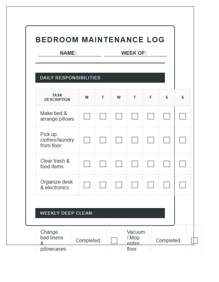 Bedroom Cleaning Responsibility Chart Printable For Youth