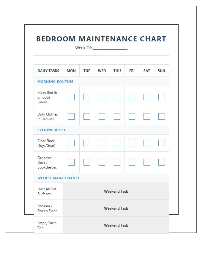 Boys Bedroom Maintenance Chore Chart Printable