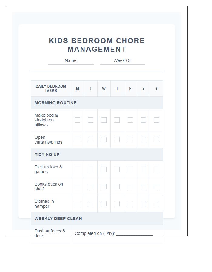 Comprehensive Kids Bedroom Chore Management Chart Printable