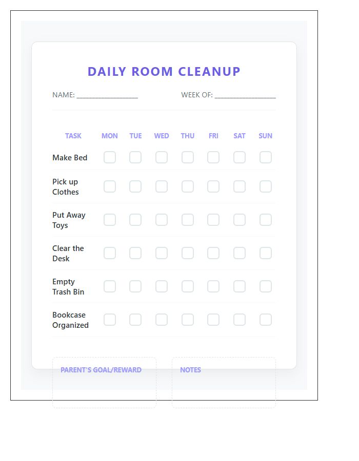 Daily Kids Room Cleanup Schedule Chart Printable