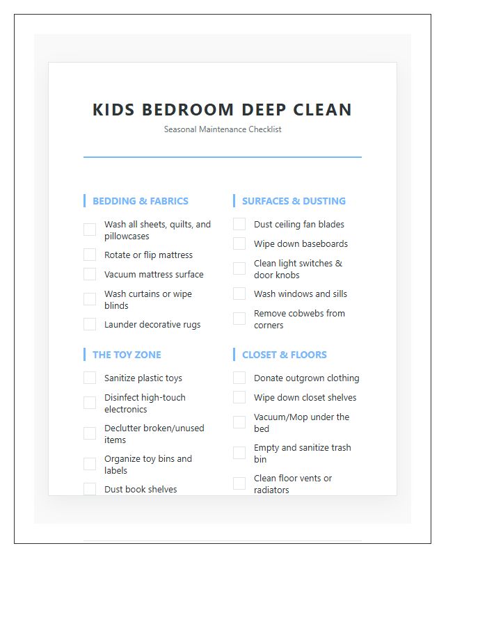 Deep Cleaning Kids Bedroom Checklist Chart Printable