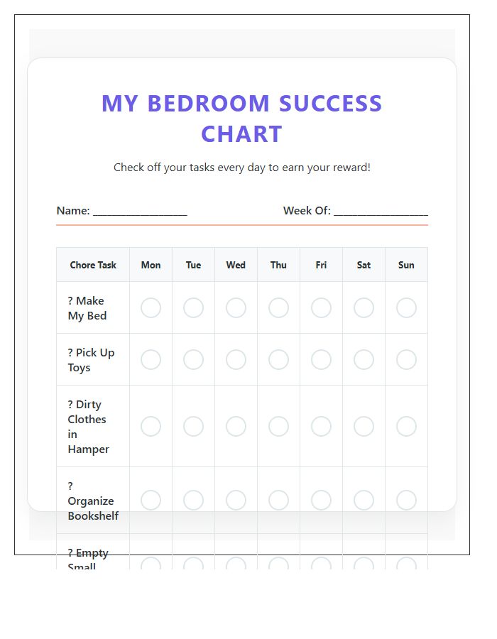 Easy Kids Bedroom Chore Success Chart Printable