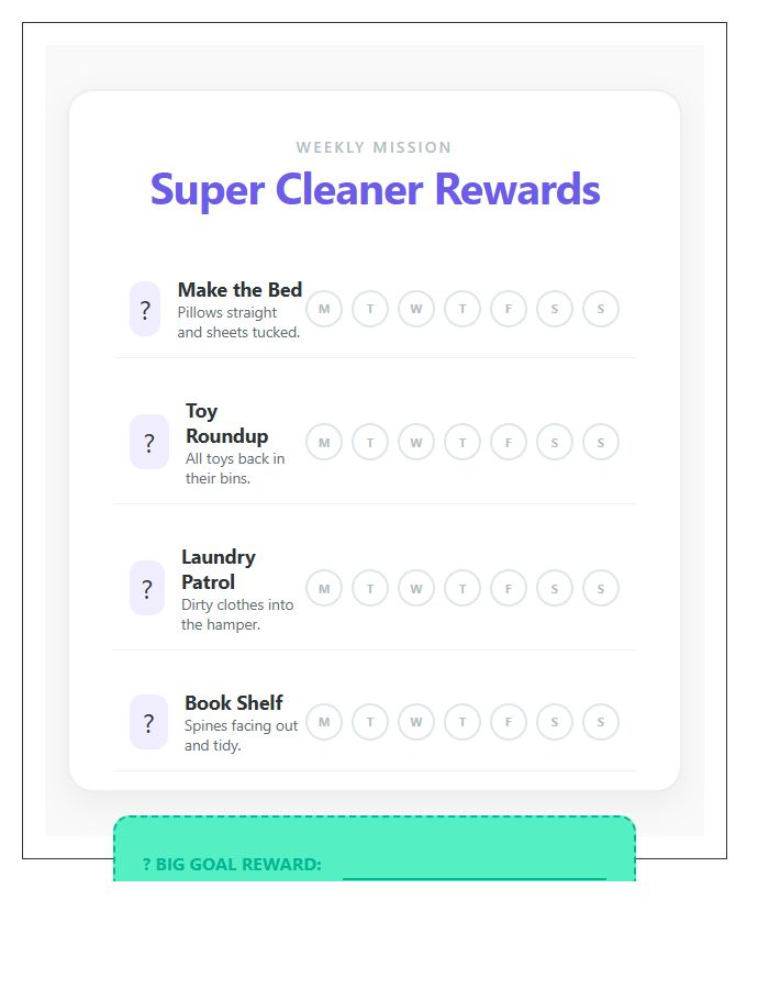 Illustrated Kids Bedroom Cleaning Reward Chart Printable