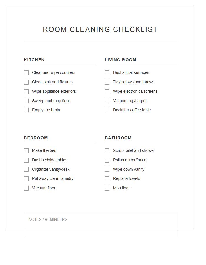 Minimalist Room Cleaning Checklist Chart Printable