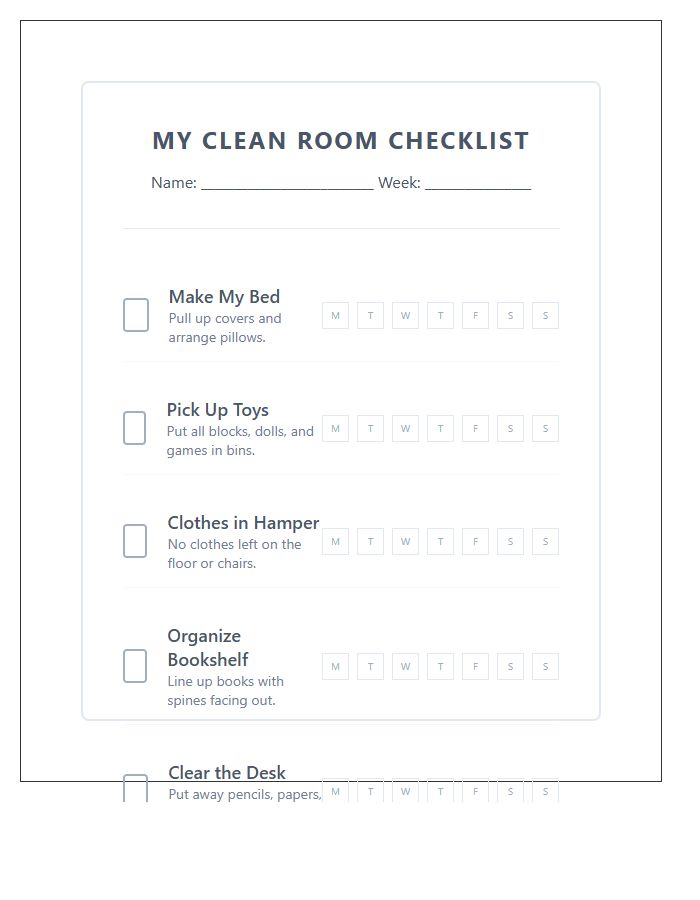 Simple Room Cleaning Task Chart Printable For Kids