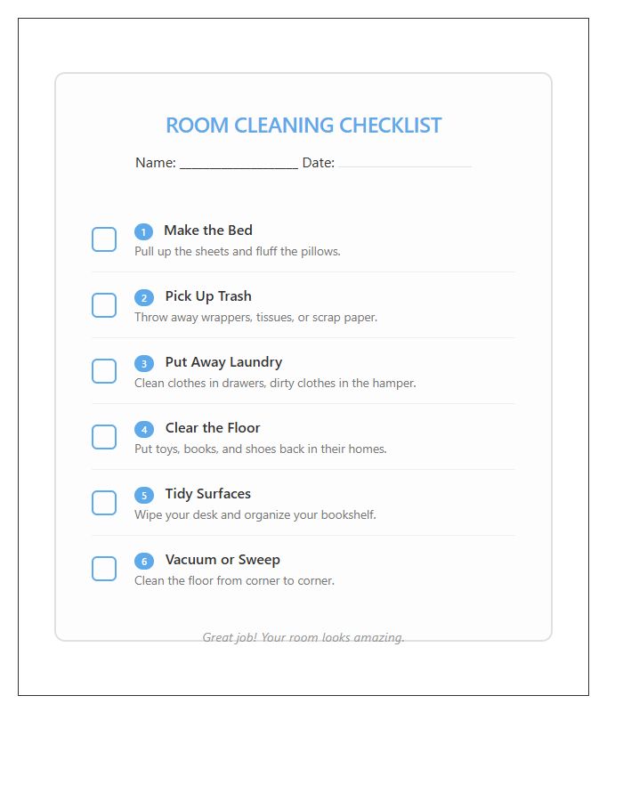 Step By Step Room Cleaning Chart Printable For Kids
