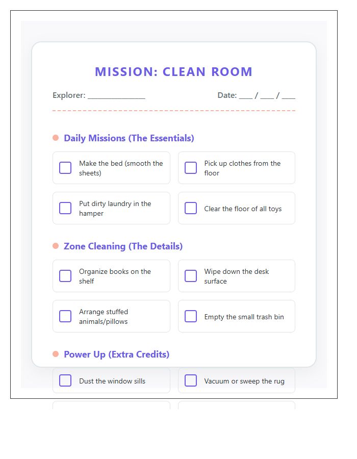 Themed Children Bedroom Cleaning Guide Chart Printable