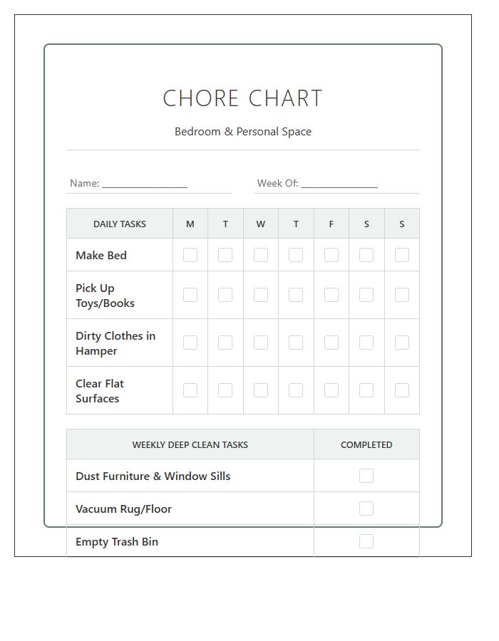 Weekly Children Bedroom Chore Chart Printable