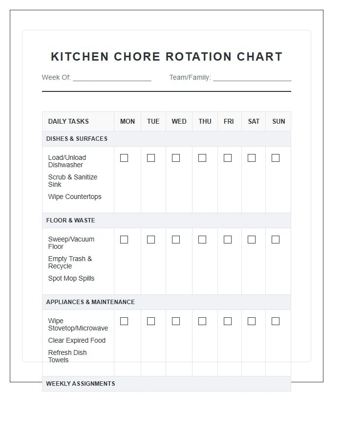 Comprehensive Kitchen Chore Rotation Chart Printable