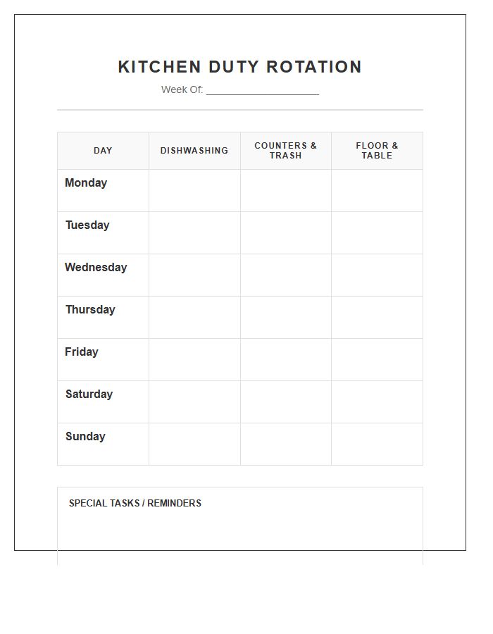 Daily Kitchen Duty Rotation Chore Chart Printable