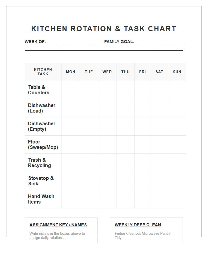 Family Kitchen Task Rotation Chore Chart Printable