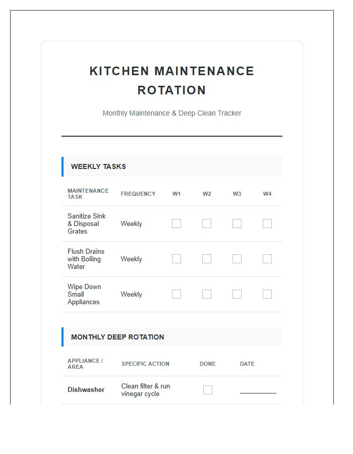 Household Kitchen Maintenance Rotation Chart Printable