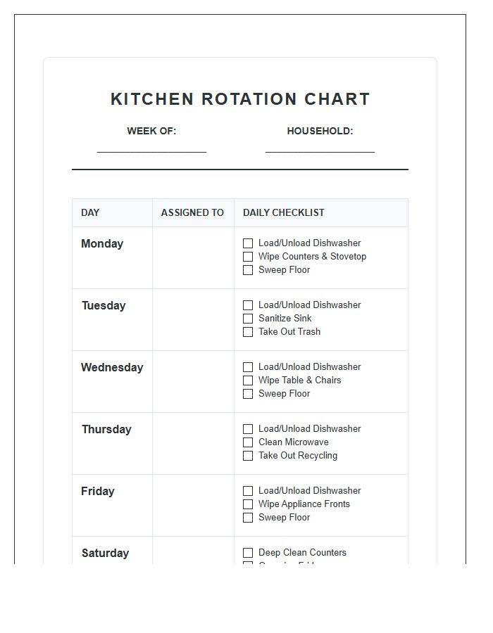 Kitchen Cleanup Rotation Chore Chart Printable