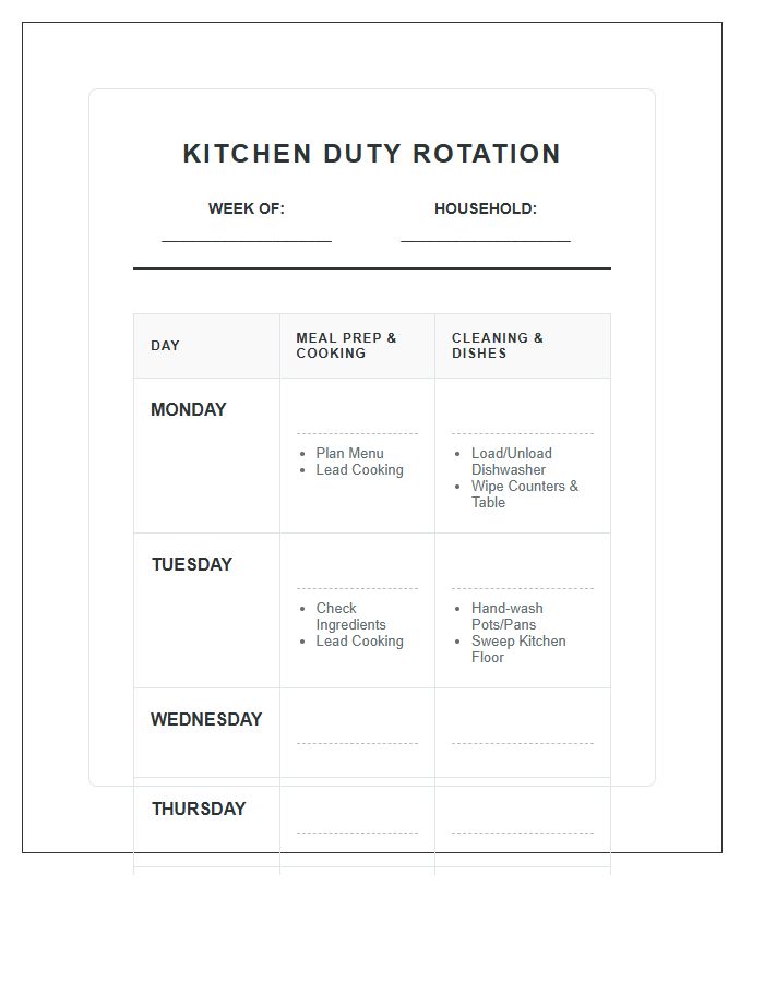 Kitchen Duty Rotation Chore Chart Printable