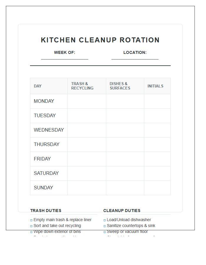 Kitchen Trash And Cleanup Rotation Chart Printable