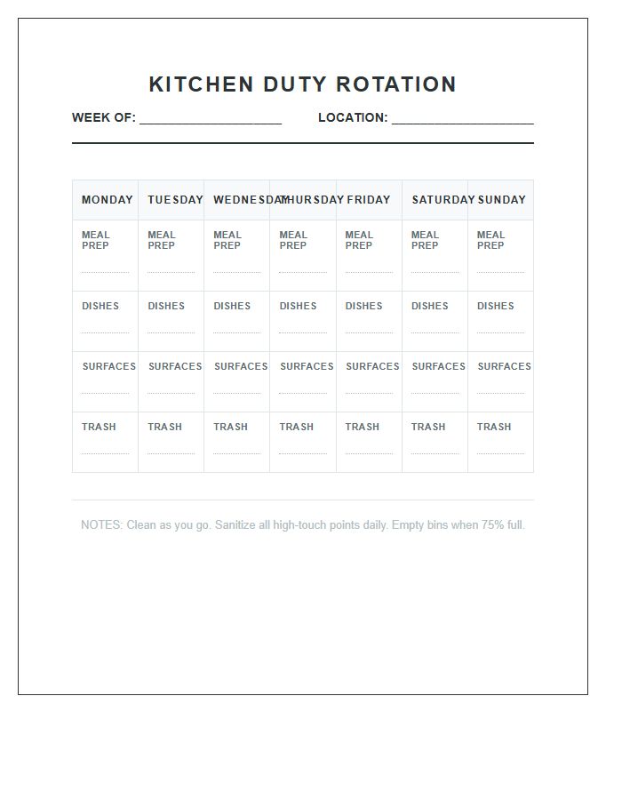 Organized Kitchen Duty Rotation Chart Printable